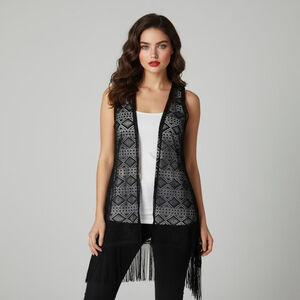 M. Fasis Black Lace Fringe Vest Size Small